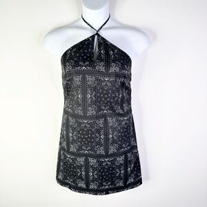 Elodie Dress Women L Black White Paisley Bandana Halter Backless Mini NWOT